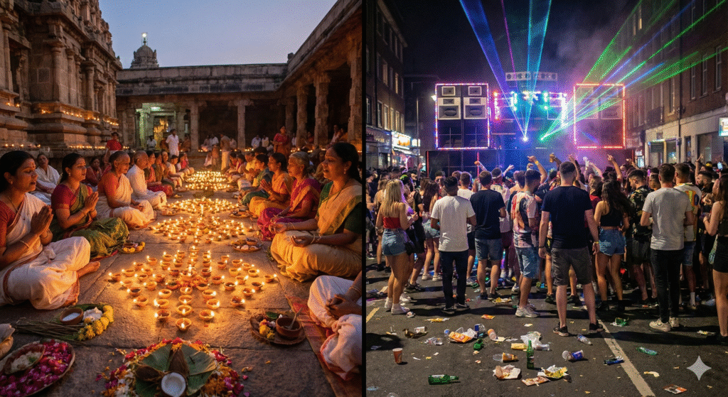 
Contrasting image of ancient Indian spiritual celebration with simple oil lamps and mindful people versus modern loud festival with excessive lights, speakers, waste scattered around, split composition, documentary style