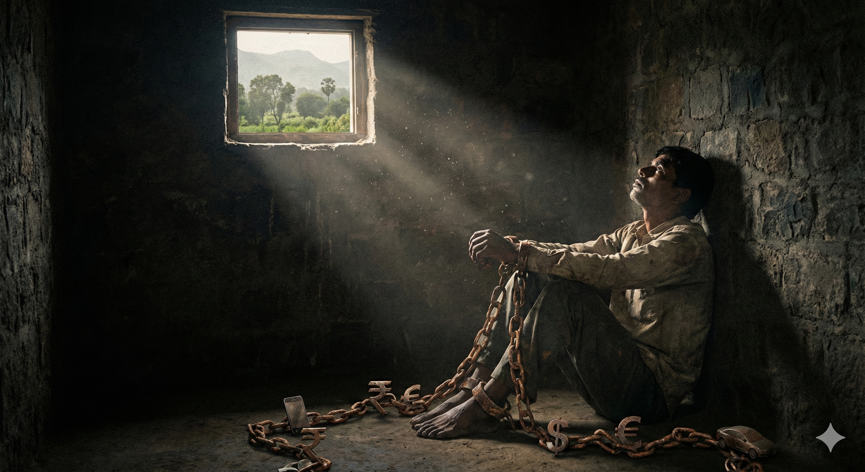 Person chained to money symbols and material goods in dark room