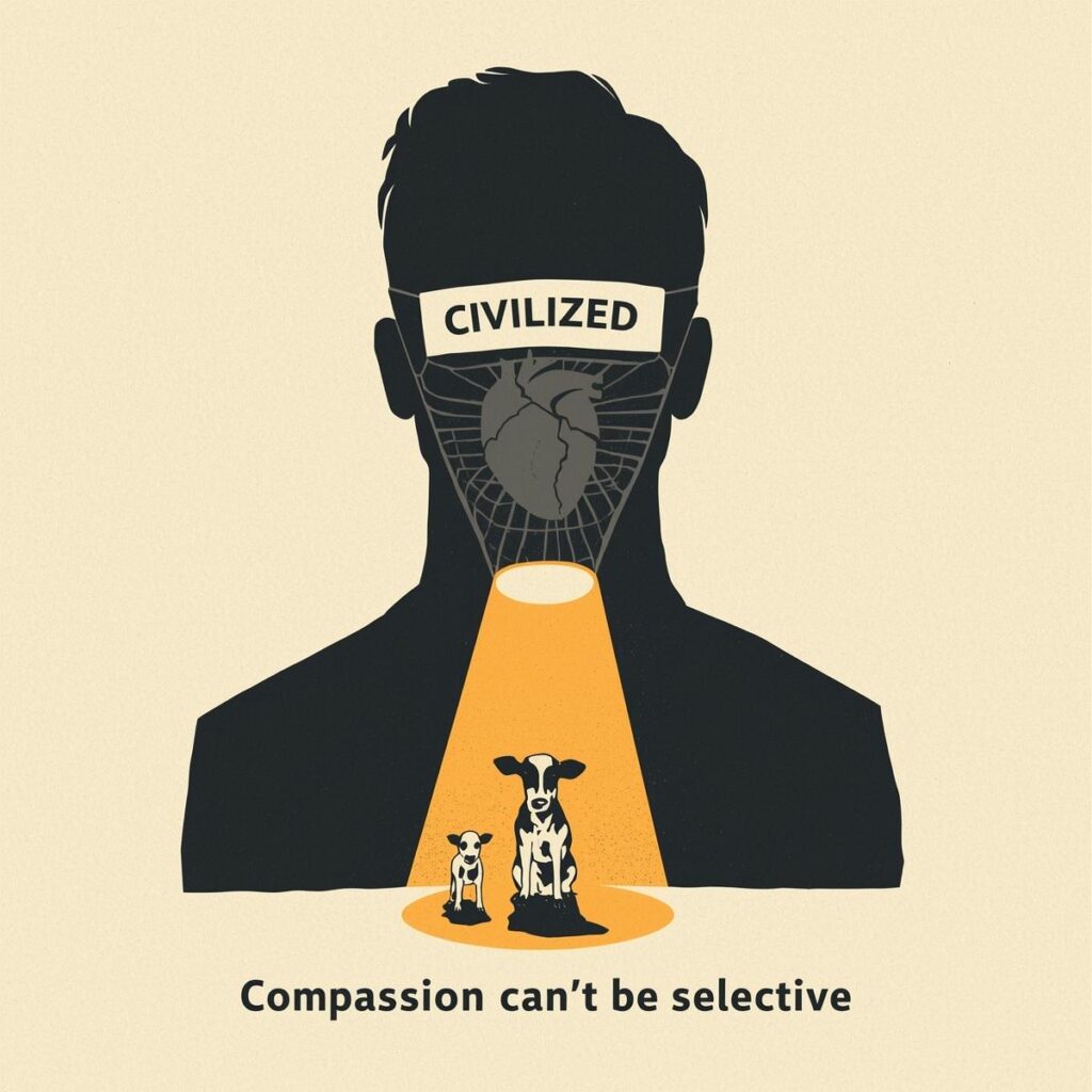 A human silhouette holding a mask labeled “CIVILIZED.”