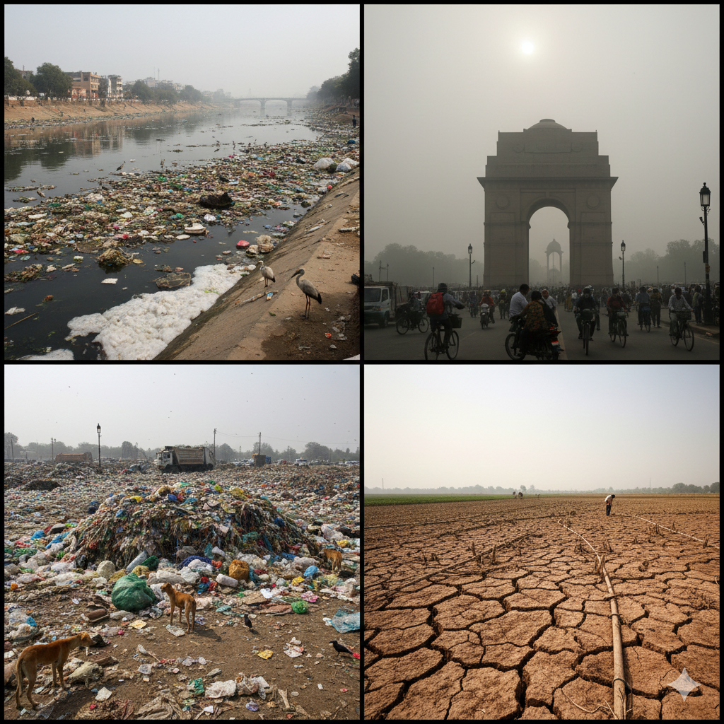 Collage showing environmental destruction in India—polluted river with garbage, smog-covered Delhi skyline, plastic waste pile, and dried agricultural land. Photorealistic, urgent documentary style.
