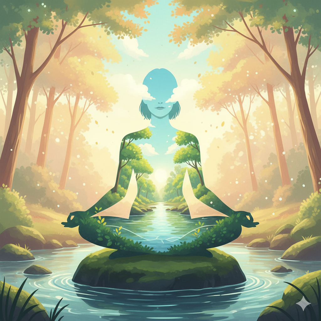 Represents inner consciousness reflecting outer reality. Soft, inspirational color palette.